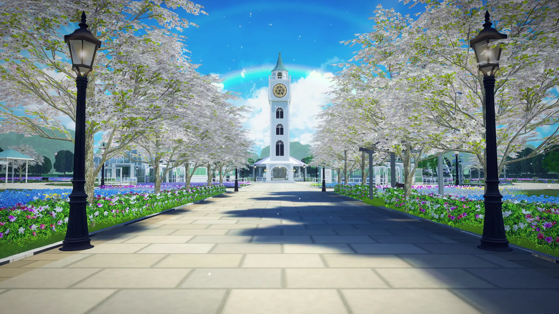桜並木の先に時計塔が見える、園の道(PV ができるまでの仮の絵)